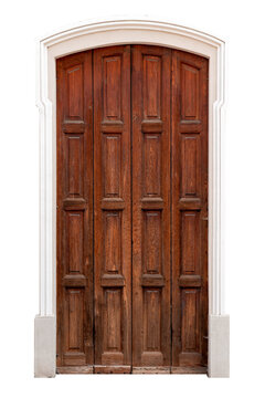 Classic solid wood door with four symmetrical vertical folding panels, set within a decorative frame with a low arch. Cutout on white., clipping path included, 