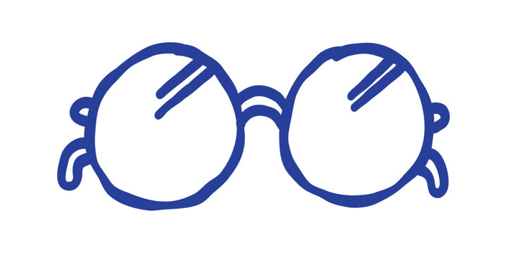 Hand drawn blue doodle of round eyeglasses isolated on white background. Minimalist line art vector illustration of glasses.