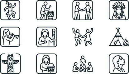 Indigenous Culture Icons: Native American Dance, Music, Tipi, Totem Pole, Gathering © nami8