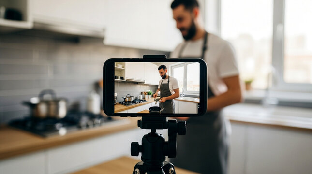 Smartphone on tripod recording a man in an apron cooking in a modern kitchen for a vlog video.