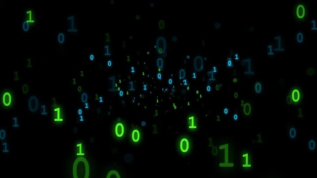 Digital binary code stream flowing through dark cyberspace with glowing green and blue numbers