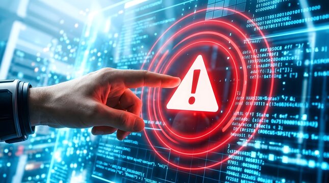 A hand pointing to a warning sign on a futuristic digital interface with code in the background