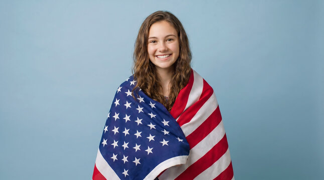 Teenage girl wrapped in American flag on soft blue background, patriotic 4th of July portrait celebrating Independence Day, freedom, liberty and national pride in USA
