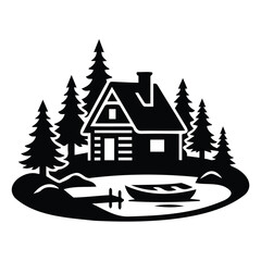Obraz premium Cozy log cabin house in coniferous forest near lake with boat dock vector illustration.