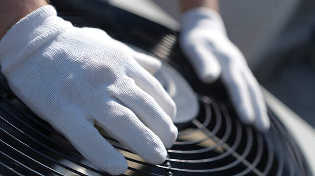 Close-up of Technician Hands in White Gloves Perform Maintenance on Outdoor Unit, Ensuring Optimal Performance and System Longevity