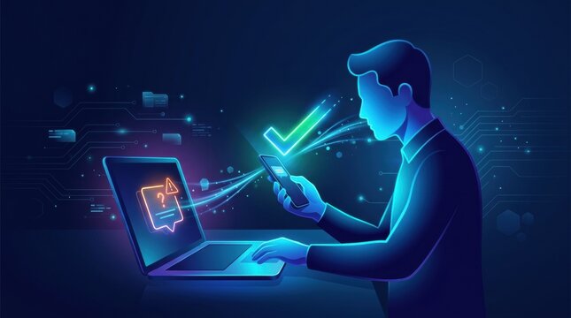 Employee looks at a suspicious message on their phone while using a laptop to complete cybersecurity awareness training in a digital workspace