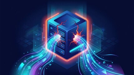 Fototapeta premium Illustration depicts a digital breach where data leaks from a server, highlighting vulnerabilities in cybersecurity systems and awareness training