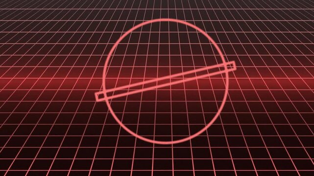 Red neon wireframe planet with ring on grid background