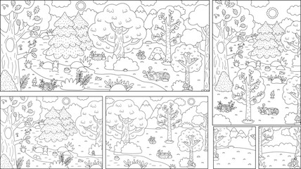 Cartoon black and white forest backgrounds set. Empty line nature woodland landscapes collection with trees, plants, stream, bushes. Wild thicket horizontal, vertical, square scenes, coloring pages © Lexi Claus