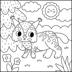 Fototapeta premium Square black and white cartoon scene with lynx, fir tree, smiling sun. Forest line background with cute cartoon animal. Nature woodland story book landscape, coloring page with wild cat for kids