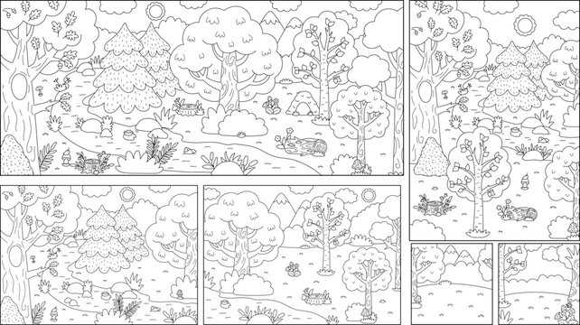 Cartoon black and white forest backgrounds set. Empty line nature woodland landscapes collection with trees, plants, stream, bushes. Wild thicket horizontal, vertical, square scenes, coloring pages
