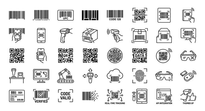 Collection of barcode and QR code scanning icons for technology and retail