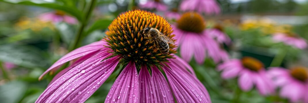 Closeup of a dewladen purple coneflower attracting a native bee in sharp focus with an outoffocus city rooftop garden featuring sustainable containers and thriving pollinator