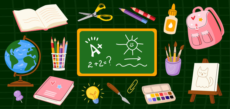 Collection of colorful school stationery. Art supplies set with pencils, paints, brushes, easel and scissors. Educational vector illustration.