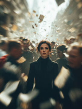 Focused confident young woman standing still in a fast moving busy crowd of people with exploding papers flying around, creative abstract high speed action motion blur city street background