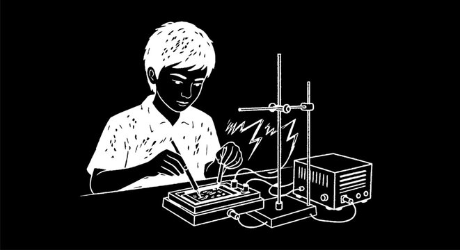 Scientist conducting intricate laboratory electronics experiment black white.