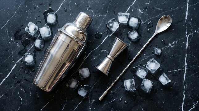 Realistic flat lay of professional cocktail bar tools, shaker, strainer, and ingredients on dark background. Generative AI.