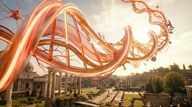 Glowing neon roller coaster track twisting above vineyard landscape with classical architecture and golden sunset sky for entertainment and travel concepts.