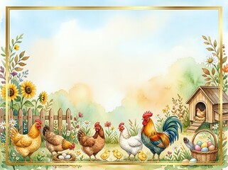 Obraz premium Watercolor farm scene with roosters, hens, and chicks among sunflowers and wildflowers, bordered by golden frame. Ideal for farmhouse decor, greeting cards, and rustic design projects.