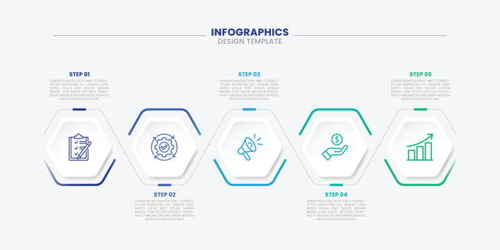 Minimalist hexagon process infographic template with 5 steps for business workflow.