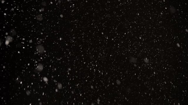 A swirling snowstorm fills the frame with delicate snowflakes cascading from a dark sky, creating a mesmerizing winter wonderland filled with tranquility