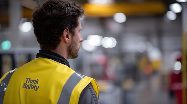 Young Male Worker in High Visibility Vest Looks Away in Industrial Facility - Focus on Safety and Responsibility in the Workplace