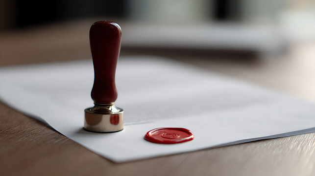 Traditional Wax Seal and Sealing Stamp on Important Document, Symbolizing Authenticity, Trust, and Commitment on Desk