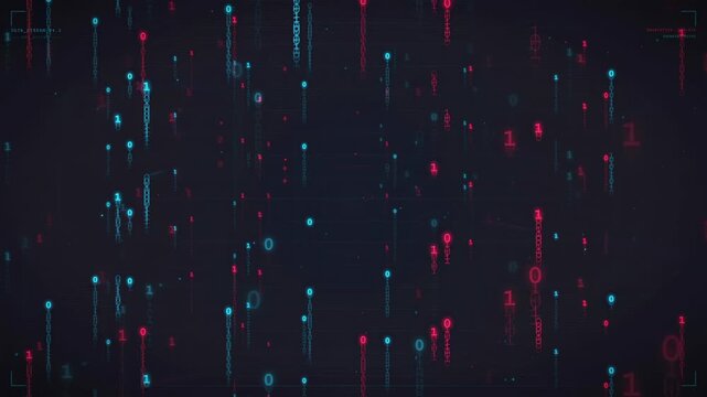 Abstract Digital Data Stream with Falling Binary Code and Glowing Neon Particles on Dark Background
