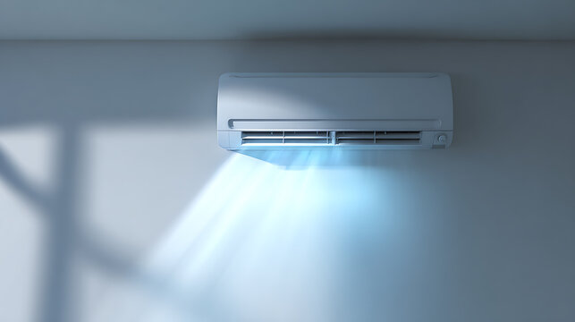 Modern Wall-Mounted Unit Cooling a Room with Blue Airflow, Providing Comfort and Climate Control in a Contemporary Interior Space