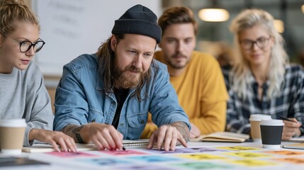 Fototapeta premium Authentic lifestyle shot of diverse colleagues arranging colorcoded personality cards around coffee mugs and notebooks with a whiteboard backdrop softly blurred background