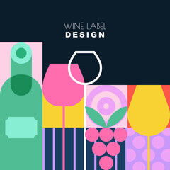 Obraz premium Wine label vector design. Wine bottle glasses, grapes illustration for winery, alcohol drink menu background, bar banner