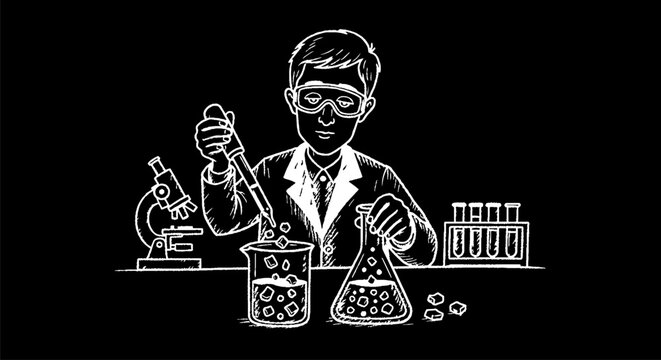 Cartoon scientist conducting fun laboratory experiments with chemicals.