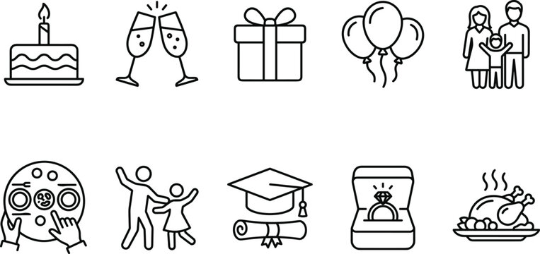 Birthday celebration and family event outline icon set featuring cake champagne gift balloons graduation wedding engagement dinner symbols