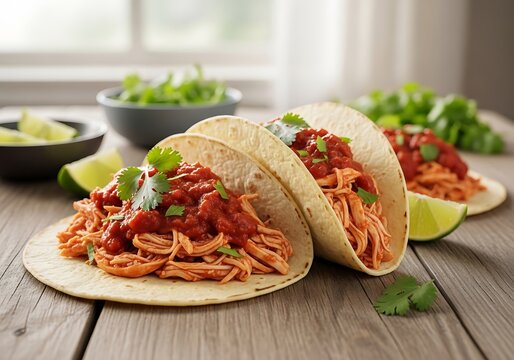 Delicious homemade chicken tinga tacos served with fresh cilantro and lime on a rustic wooden table for a flavorful and authentic mexican inspired meal