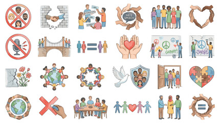 Fototapeta premium Human rights and social justice icons vector set with equality, inclusion, diversity, peace and community support concepts in hand drawn style