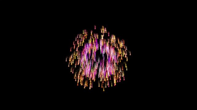 Fireworks display celebration, colorful firework 4K  black background, seamless loop of glowing night-sky explosions, abstract golden shining festival overlay for party, holiday and invitation use