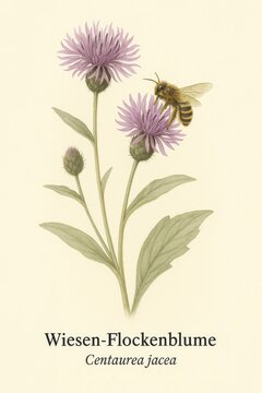 Botanical illustration of a furrow bee (Halictus scabiosae) on the native meadow knapweed (Centaurea jacea) . Illustration in classic vintage style with typical botanical labelling of the species, AI generated