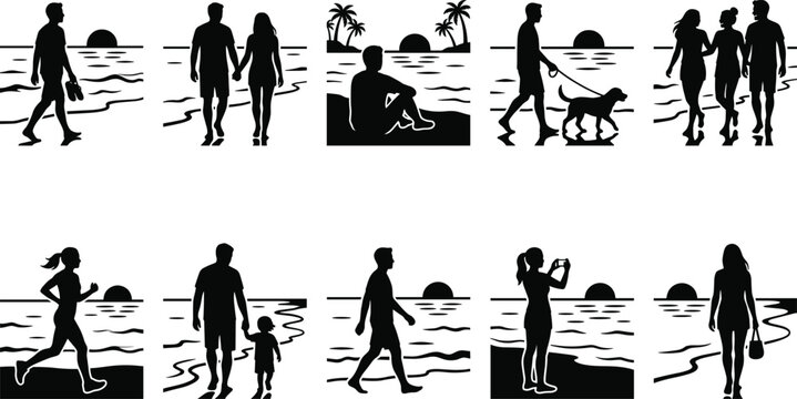 Beach Lifestyle Silhouette Collection Featuring Walking Relaxation Family Leisure Travel Vacation Coastal Sunset Activities Concepts