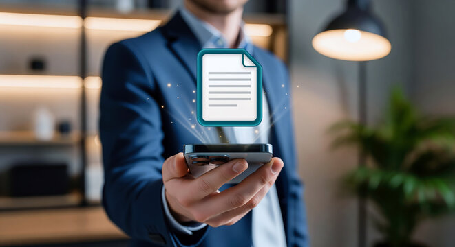 Paperless contract workflow shows a floating document icon on smartphone for electronic signature, file upload, invoice processing, legal form storage and secure office archive review