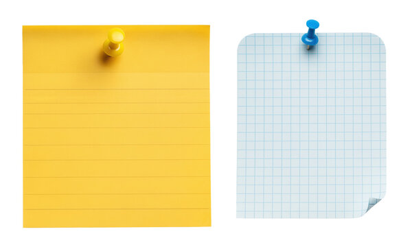 Pinned reminder sheets on transparent background combine ruled sticky paper and grid note card as ready cutouts for school planner, task checklist, classroom display and scrapbook journal layout