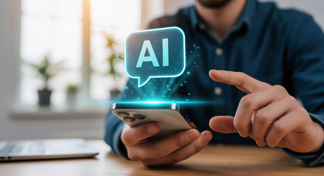 Generative AI companion inside a mobile app appears as a glowing chat bubble, showing fast prompt response, language model assistance, personal search and answer support from a handheld screen