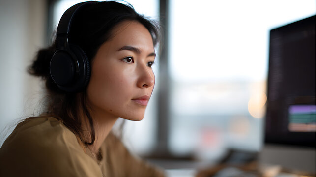 Focused Young Asian Woman in Headphones Work Online on Computer, Concentrate on Project in Home Office, Remote Learning, Distance Education