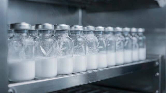 Close view of clear vials arranged on metal shelves inside a midsize freeze dryer highlighting icesublimation during lyophilization for injectable drug preservation.