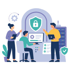 Naklejka premium Cybersecurity protection illustration with people and digital shield.