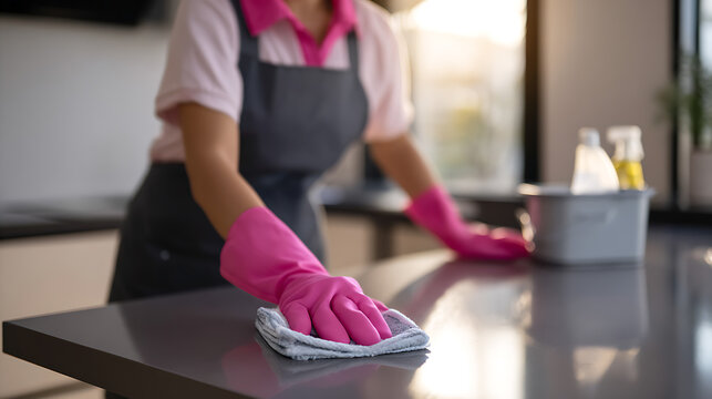 Professional cleaner in protective gloves wipe down a kitchen countertop with a cloth, ensure hygiene and a spotless environment