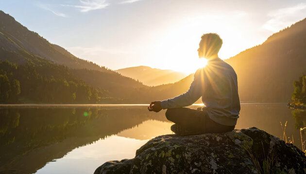 Meditation lake sunset mountain nature silhouette reflection tranquil peaceful mindfulness serene meditation by calm mountain lake sunset with warm sunlight, forest reflection, rocky shore