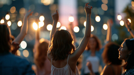 Fototapeta premium Faceless group of friends dancing together at rooftop party with city lights backdrop, nighttime dancing, urban setting, movement activity, city ambiance, with copy space