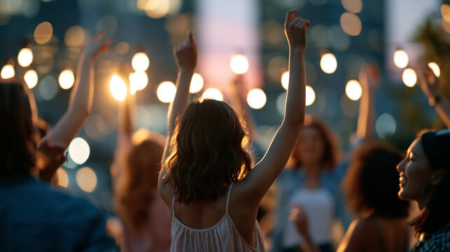 Faceless group of friends dancing together at rooftop party with city lights backdrop, nighttime dancing, urban setting, movement activity, city ambiance, with copy space