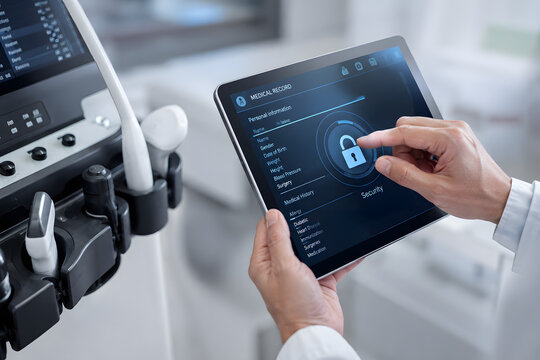 Physician accessing encrypted patient records on a tablet beside diagnostic equipment, highlighting healthcare data security, digital health technology, privacy compliance, and secure medical workflow