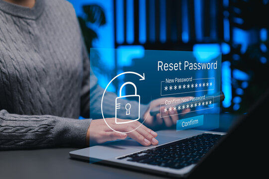 Password reset security and forgotten password recovery concept, person using laptop with virtual lock, new password fields, confirmation form, and secure access interface showing account protection.